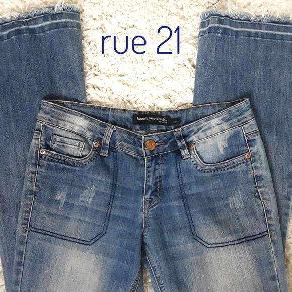 TWENTYONE BLACK Mid Rise Flared Denim Jeans RUE 21 Juniors Size 3/4 Distressed - Picture 3 of 11